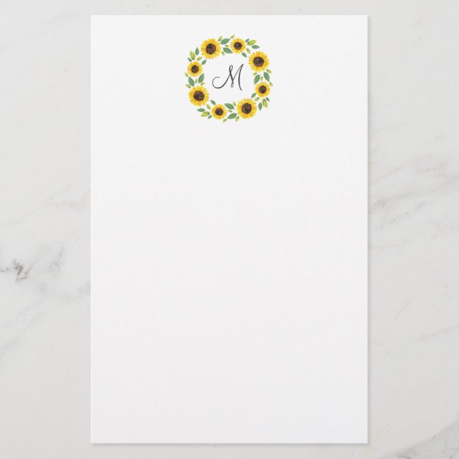 Hand Painted Watercolor Sunflower Wreath Stationery (Front)