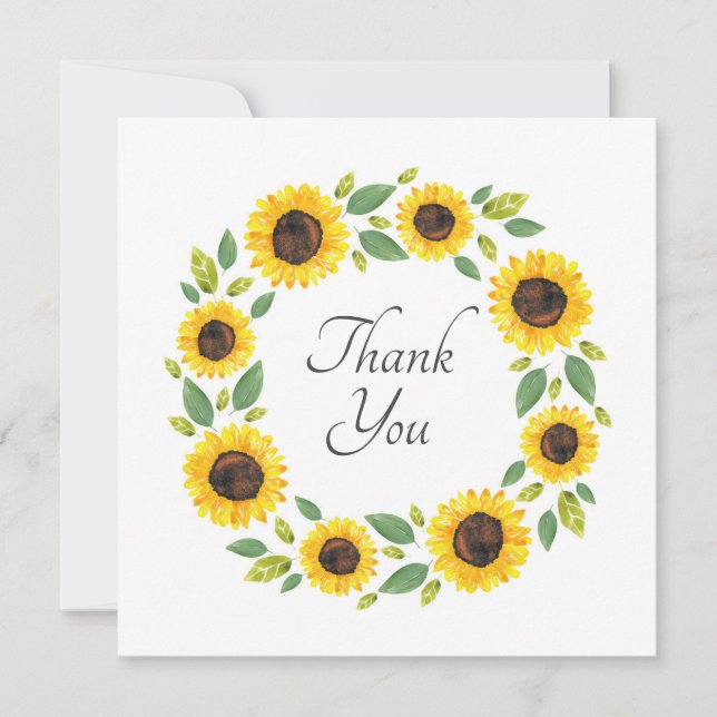 Hand Painted Watercolor Sunflower Wreath Thank You Card (Front)