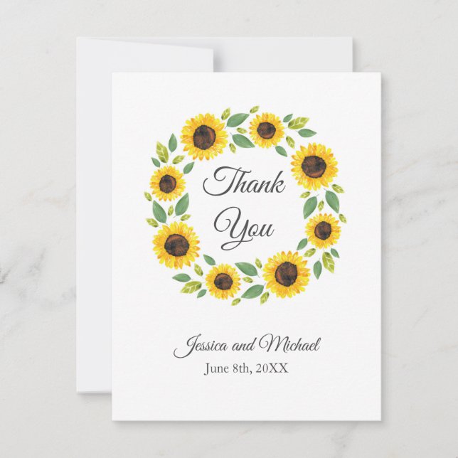 Hand Painted Watercolor Sunflower Wreath   Thank You Card (Front)