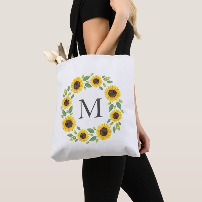 Hand Painted Watercolor Sunflower Wreath  Tote Bag (Close Up)