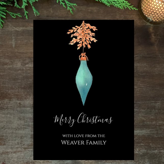 Hand Painted Watercolor Turquoise Christmas Bauble Holiday Card (Turquoise and golden brown botanical elegant Christmas holiday bauble. Customize hand painted design)