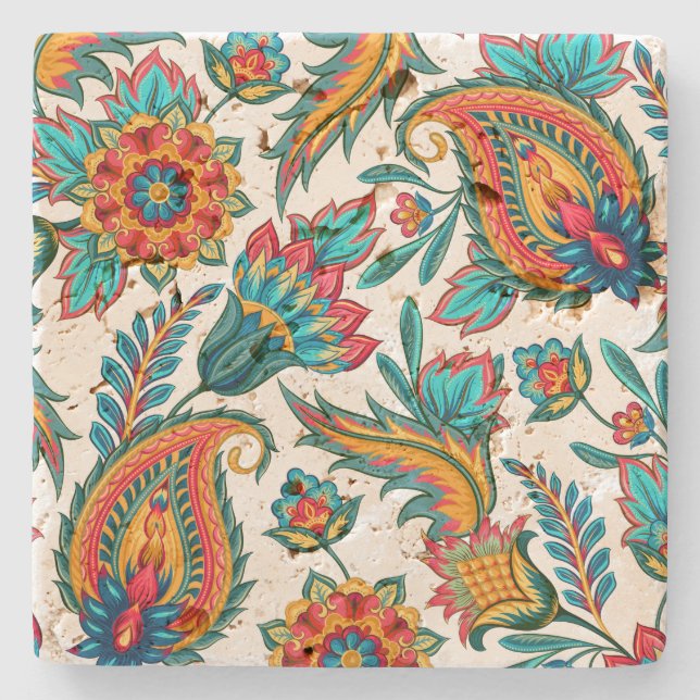 Hand Painted Watercolors Colourful Floral Paisley Stone Coaster (Front)