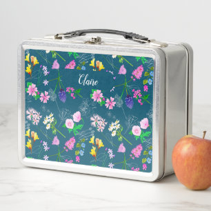 Hand-painted watercolour flowers Personalized blue Metal Lunch Box