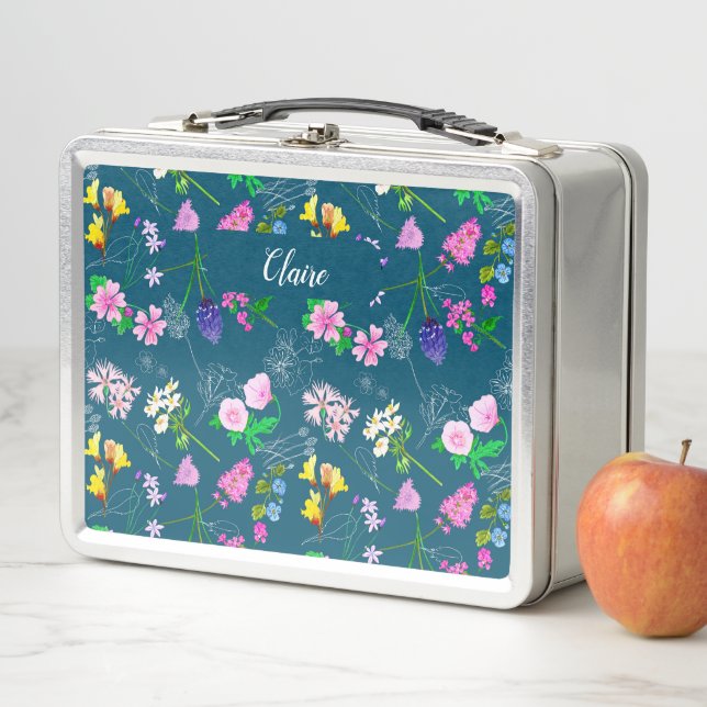 Hand-painted watercolour flowers Personalized blue Metal Lunch Box (In Situ)