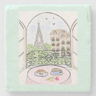Hand painted Whimsical Paris Eiffel Cafe Croissant Stone Coaster