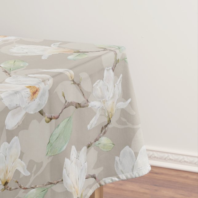 Hand Painted White Magnolia on Beige Tablecloth (In Situ)