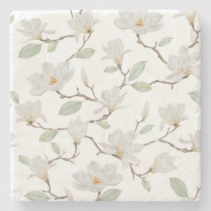 Hand Painted White Magnolia on White Stone Coaster