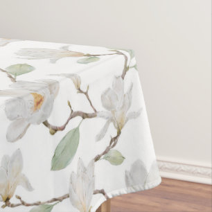 Hand Painted White Magnolia on White Tablecloth