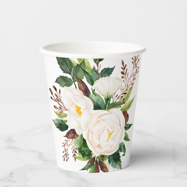 Hand painted White Peonies  Paper Cups (Front)