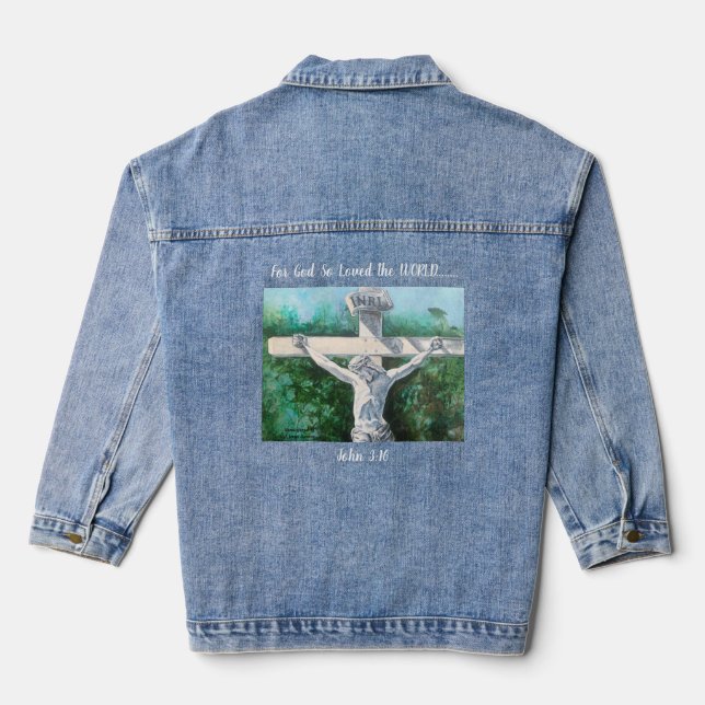 Hand Painted Whites and Greens " FOR GOD'' Denim Jacket (Back)