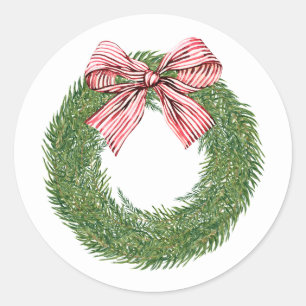 Hand Painted Winter Pine Wreath Striped Red Bow Classic Round Sticker
