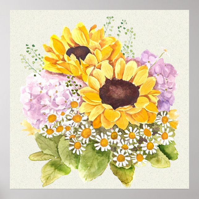 Hand painted yellow sunflowers purple hydrangea poster (Front)