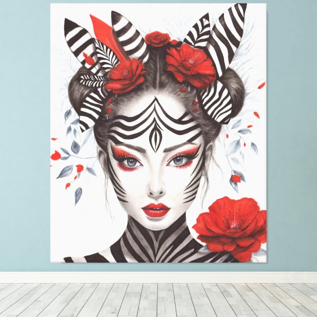 Hand Painted "Zebra Woman" - Award-Winning Pop Art Canvas Print (Insitu(Wood Floor))