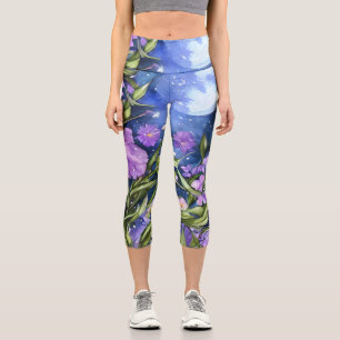 Hand painting watercolor full moon night garden capri leggings