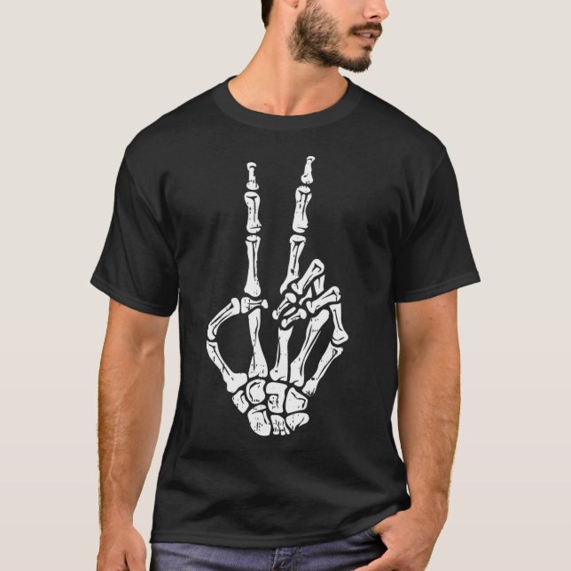 Hand Peace Sign Halloween Costume Bones  T-Shirt (Front)