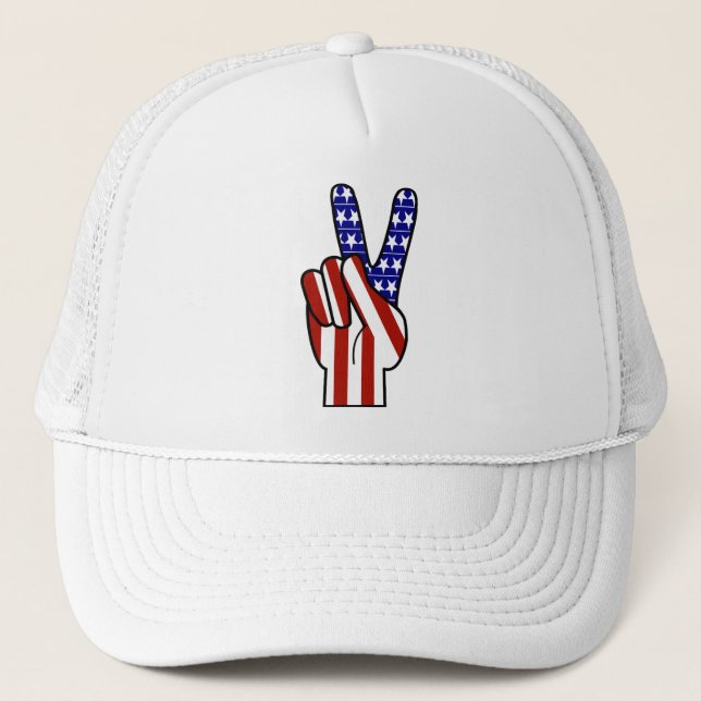 Hand Peace Sign - Red White & Blue Trucker Hat (Front)