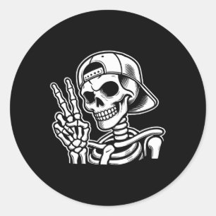 Hand Peace Sign Retro Halloween Skeleton Hand Sign Classic Round Sticker