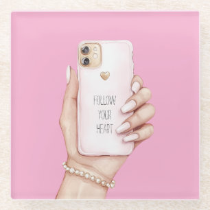 Hand phone chic girly pink nails glass coaster