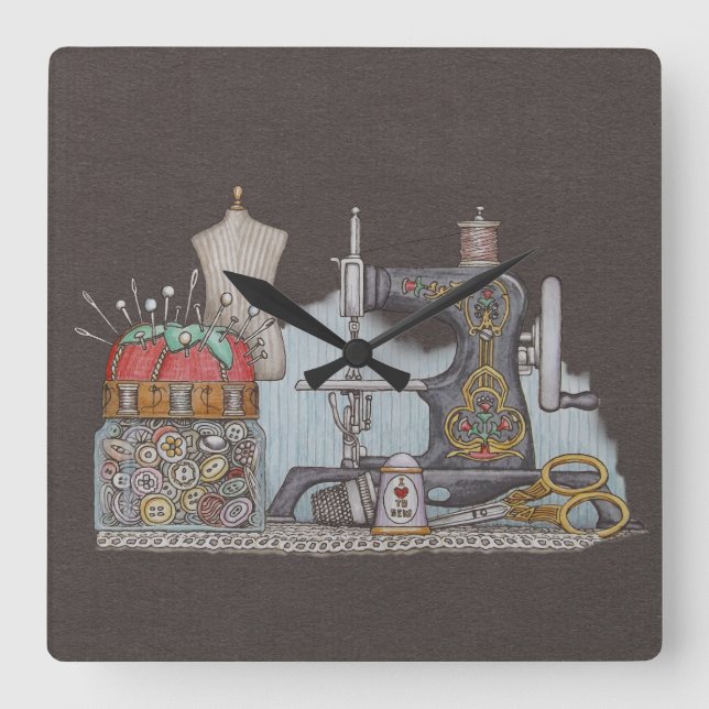 Hand Powered Sewing Machine Square Wall Clock (Front)