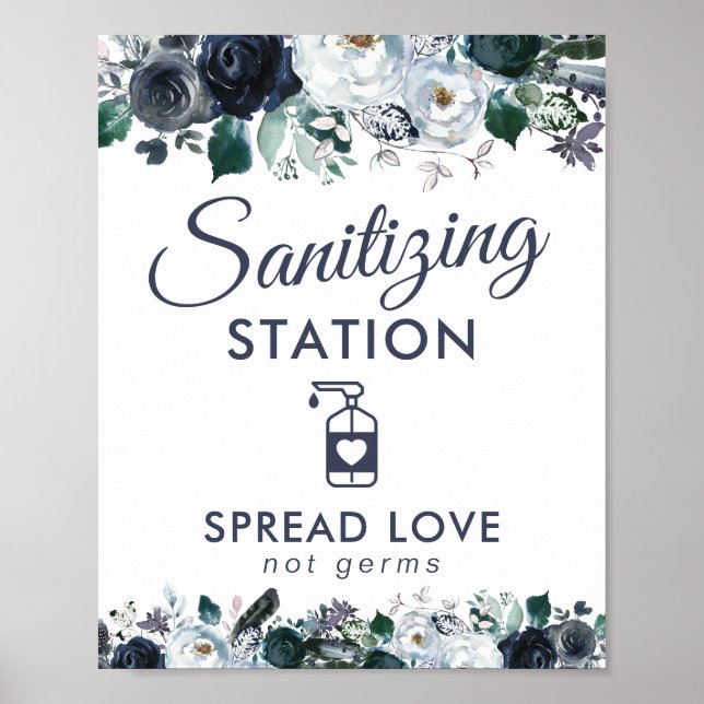Hand Sanitising Station Blue Floral Poster (Front)