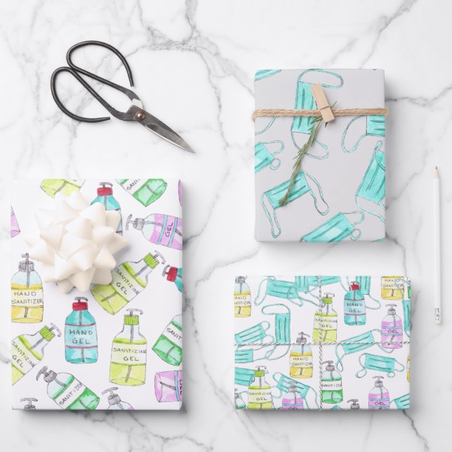 Hand Sanitizer gel bottles Watercolor Wrapping Paper Sheet (Front)