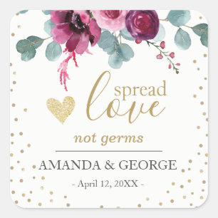 Hand sanitizer label burgundy flowers gold glitter