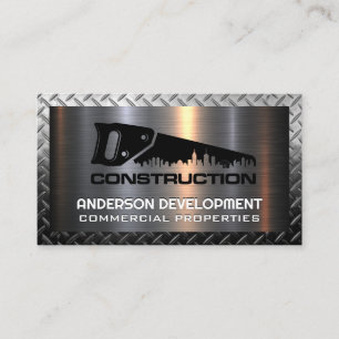 Hand Saw Construction Logo   Metallic  Business Card