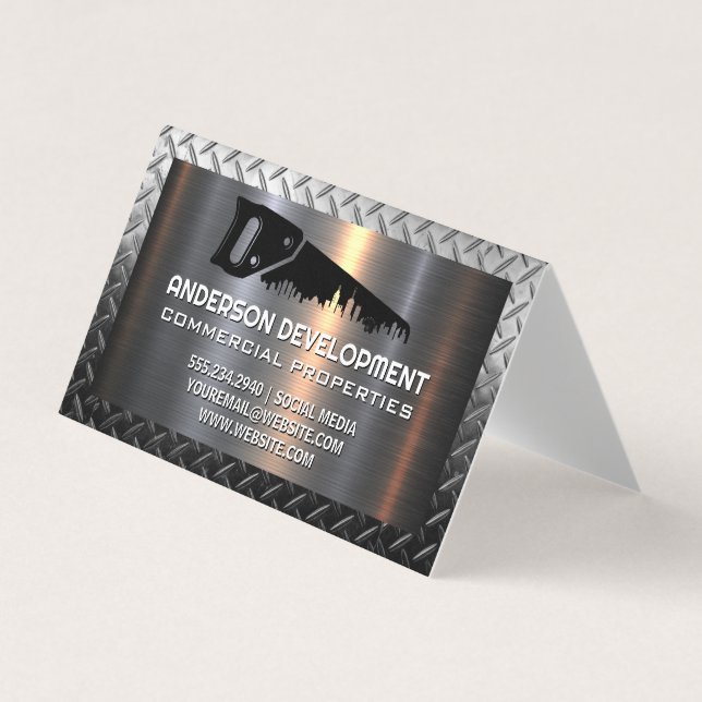 Hand Saw Construction Logo | Metallic  Business Card (Front)
