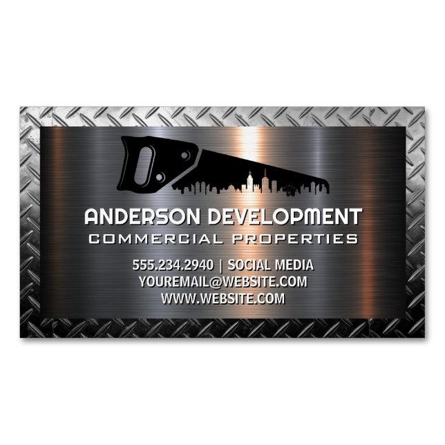 Hand Saw Construction Logo | Metallic  Magnetic Business Card (Front)