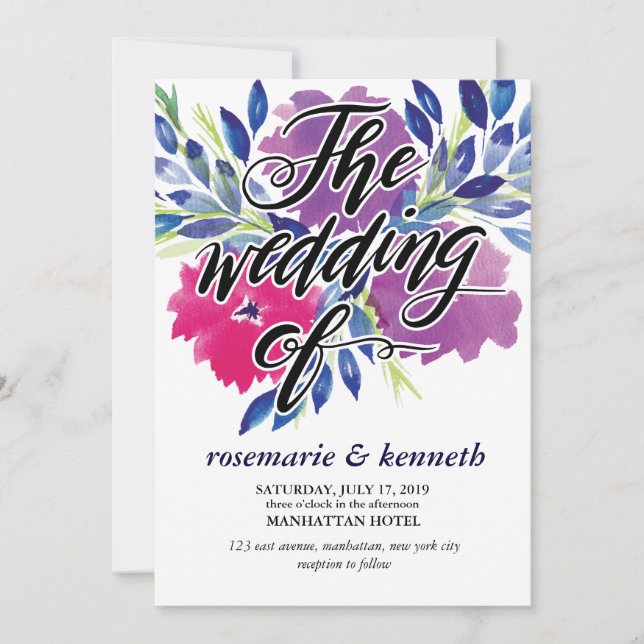 Hand script & Flower Wedding Invitation (Front)