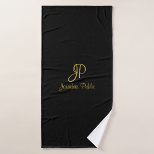 Hand Script Initial Monogram Template Black Gold Bath Towel