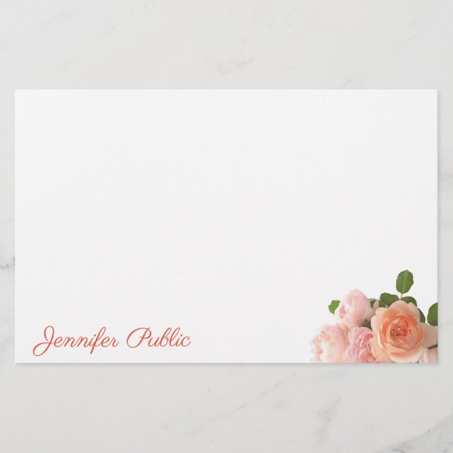 Hand Script Personalised Watercolor Roses Elegant Stationery (Front)