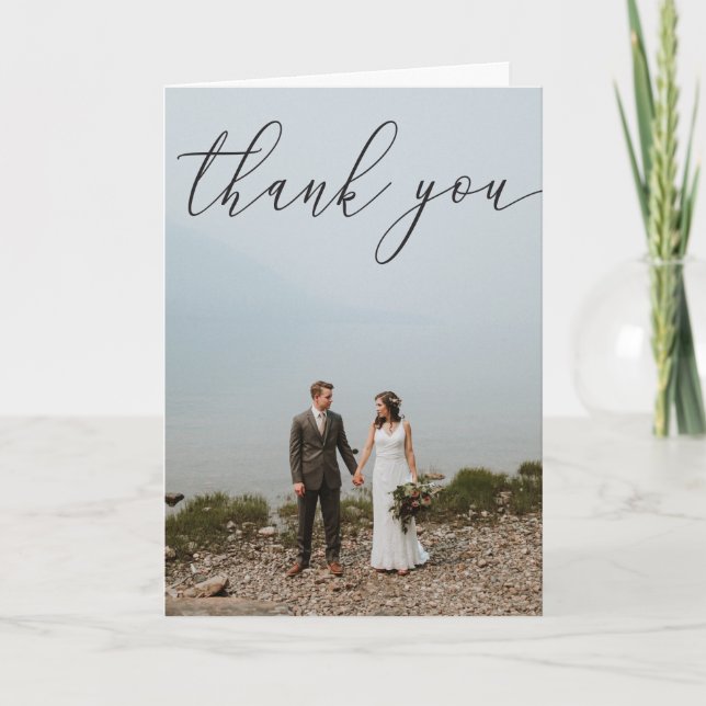 Hand Script Photo Wedding Folded Thank You Card (Front)