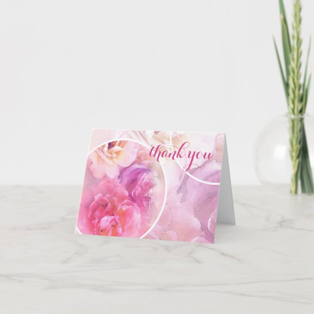 Hand Script Thank You Elegant Watercolor Roses Card (Front)
