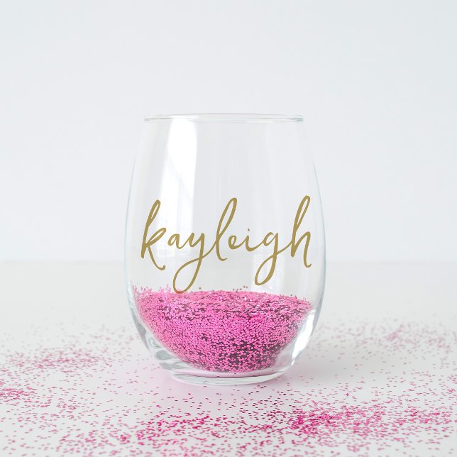 Hand Scripted Name Bachelorette Bridal Party Stemless Wine Glass (Creator Uploaded)