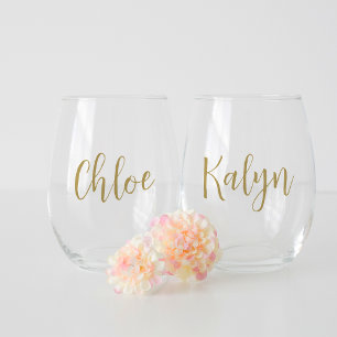 Hand Scripted Name Bachelorette Bridal Party Stemless Wine Glass