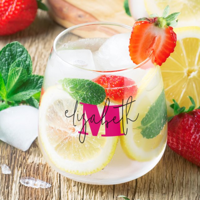 Hand Scripted Name Monogram Stemless Wine Glass (Hand Scripted Name Monogrammed Stemless Wine Glass)