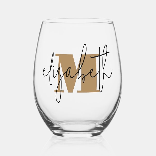 Hand Scripted Name Monogram Stemless Wine Glass (Front)