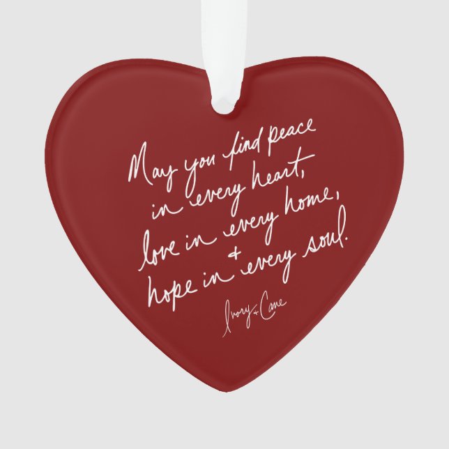Hand-Scripted Peace Hope Love Red Spiritual Heart Ornament (Front)