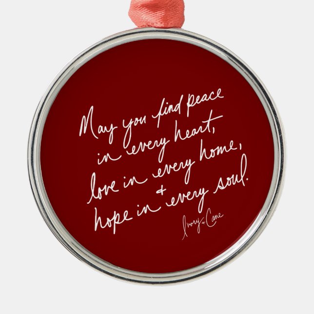 Hand-Scripted Peace Hope Love Red Spiritual Round Metal Tree Decoration (Front)