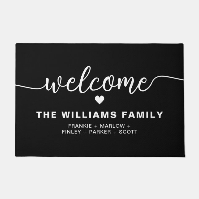 Hand Scripted Personalised Family Name Black Doormat (Front)