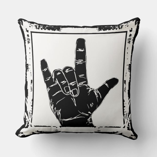 Hand Sign I Love You-Black And White Grunge Frame- Cushion (Front)
