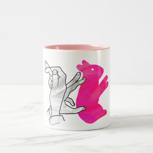 Hand Silhouette Rabbit Pink Two-Tone Coffee Mug (Center)