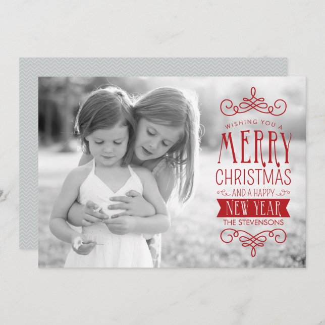Hand Sketched Banner in Red Holiday Photo Card (Front/Back)