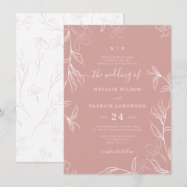 Hand Sketched Delicate Floral Dusty Rose Wedding Invitation (Front/Back)