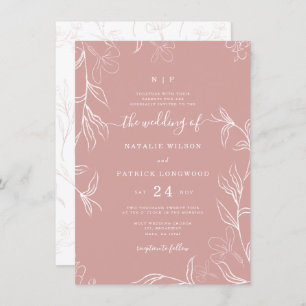 Hand Sketched Delicate Floral Dusty Rose Wedding Invitation
