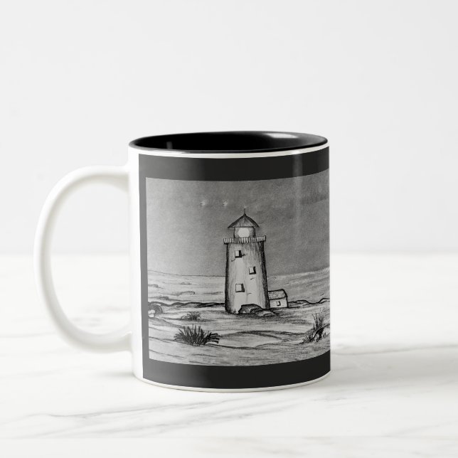 Hand sketched lighthouse with rocks peaceful scene Two-Tone coffee mug (Left)
