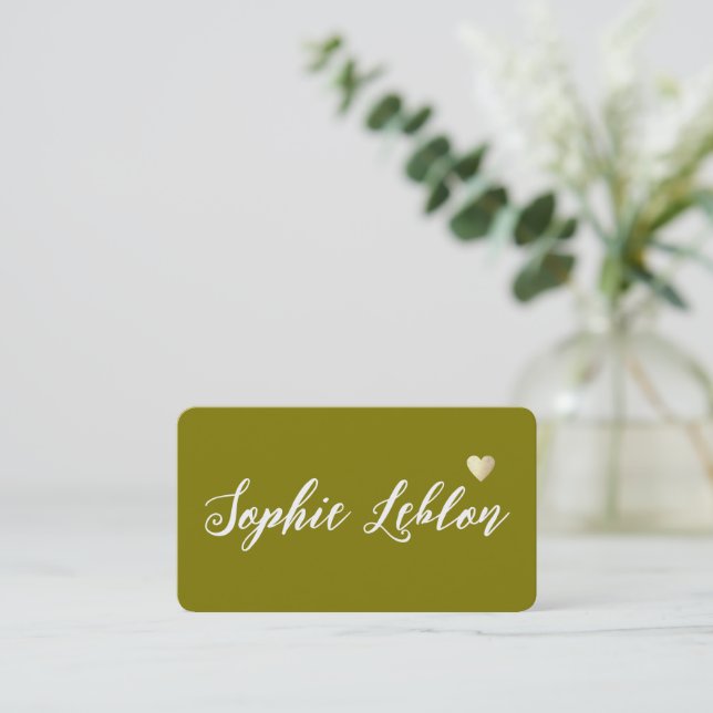 Hand Sketched Name with Heart olive Business Card (Standing Front)