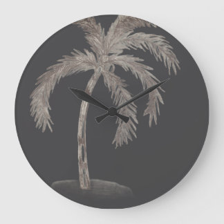 Hand sketched Palm tree with fronds blackand white Large Clock