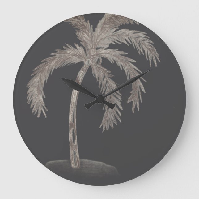Hand sketched Palm tree with fronds blackand white Large Clock (Front)